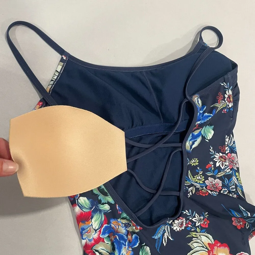 ~ Johnny Was Lg Swimsuit 1-Piece Navy Floral Tank Lace-Back Strappy Large 10/12 - Picture 14 of 16